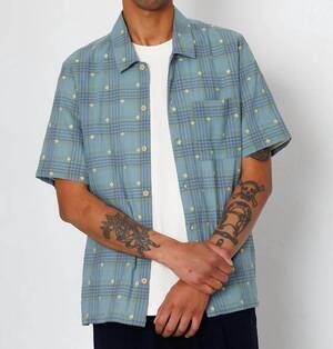 NEW FOLK gabe jacquard floral shirt in blue/yellow check